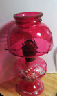 VINTAGE CRAMBERRY GLASS HURRICANE LAMP HAND PAINTED FLOWERS AND BUTTERFLIE READ