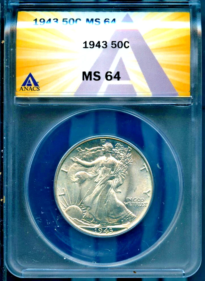 1943 50c Silver Walking Liberty Half-dollar MS 64 ANACS # 7830236 + Bonus - Image 1 of 2