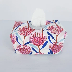 Tissue Box Cover Handmade Pink Blue Floral Print Silver Circle Opening - Picture 1 of 12