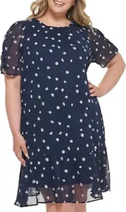 DKNY Women's Midi Dress Plus Embroidered Calf Soft Everyday Navy Blue Size 20W - Picture 1 of 5