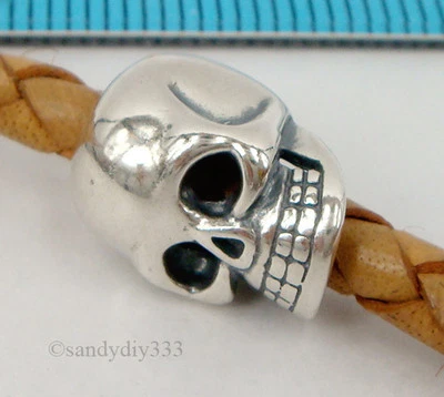 1x OXIDIZED STERLING SILVER SKULL BEAD for EUROPEAN CHARM BRACELET 12.8mm #2004 - Photo 1/4