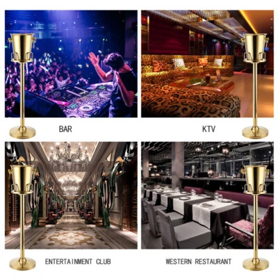 Cubo de acero inoxidable con hielo de champán dorado de pie enfriador de vino regalo de hielo Foto 1 de 4