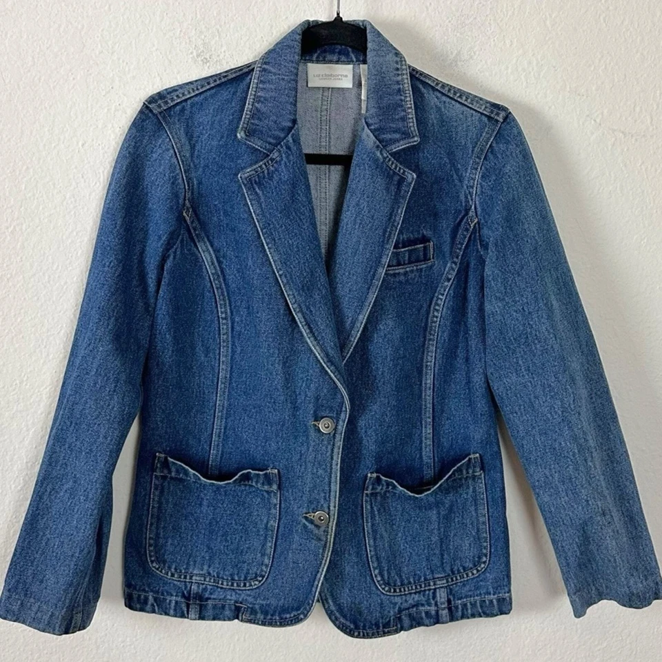 Blazer Vaquero Vintage Años 90 Y2K Liz Claiborne Talla Pequeña Chaqueta Preppy Clásica Foto 1 de 4