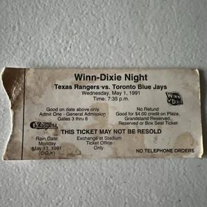 Nolan Ryan 7th No Hitter Baseball Game Ticket Stub May 1st 1991 Winn Dixie Night - Picture 1 of 8