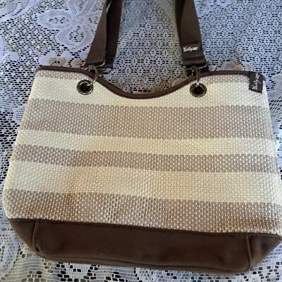 Bolso de Mano Thirty-One Retirado Lona Marrón Paja Blanco Rayas Mediano  Foto 1 de 4