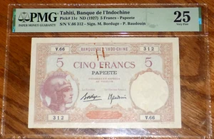 TAHITI BANQUE DE L'INDO-CHINE PAPEETE ND(1936-40) 5 FRANCS P-11c VF PMG 25 NOTE - Picture 1 of 4