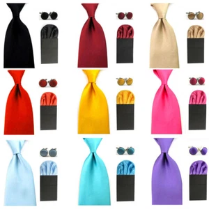Men's Satin Solid 8cm Wide Necktie Handkerchief Pocket Square Cufflinks Set - Picture 1 of 26