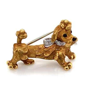18K YG CARTIER Italy Dog Brooch Revolving Head Onyx & Diamond Collar 9.8g, c1970 - Picture 1 of 9