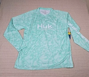 XL HUK Fishing Shirt Mens Green Camo Vented Running Lakes Pursuit UPF 30 Long Sl - Picture 1 of 15