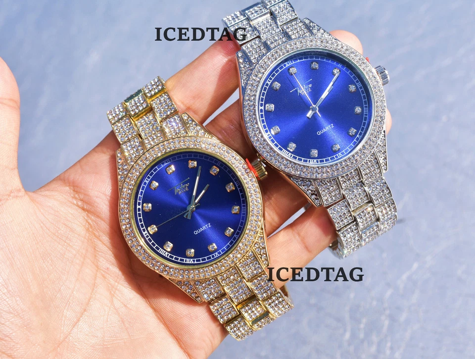 RELOJ HIP HOP HELADO BLING-ED OUT RAPERO LABORATORIO DIAMANTE PARA HOMBRES ESFERA AZUL LUJO ELEGANTE Foto 1 de 1