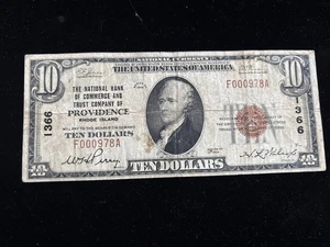 1929 $10 NATIONAL BANK COMMERCE TRUST PROVIDENCE RI NATIONAL CURRENCY CH #1366 - Picture 1 of 7