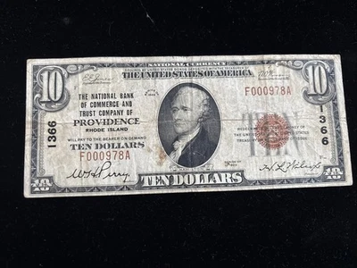 1929 $10 NATIONAL BANK COMMERCE TRUST PROVIDENCE RI NATIONAL CURRENCY CH #1366 - Image 1 of 4