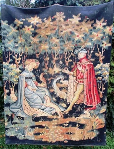 ANTIQUE 1960's FRENCH MEDIEVAL TAPESTRY DEPICTING LORDS NOBLES CLUNY MUSEUM - Picture 1 of 12
