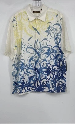 Cubavera 男式白色黄色蓝色花卉夏威夷经典纽扣衬衫 XL 码 — 第 1/4 张图片