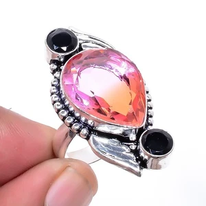 Bi-Color Tourmaline & Black Onyx Gemstone Silver Plated Jewelry Ring s.9 S261 - Picture 1 of 5