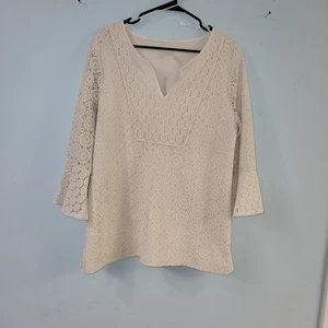 Blusa Charter Club para mujer talla XL blanca floral forrada de encaje acampanada manga 3/4 cuello en V - Imagen 1 de 7