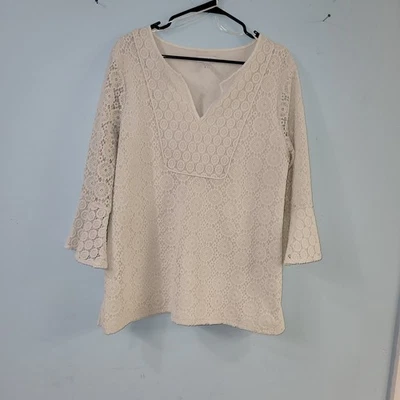 Blusa Charter Club para mujer talla XL blanca floral forrada de encaje acampanada manga 3/4 cuello en V Foto 1 de 4