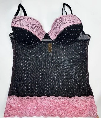 VTG Y2K Pink /Black Polka Dot  Mesh Bustier Lace Trim Built in Underwire Bra New - Image 1 of 4