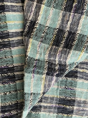1 yd Handwoven Cotton Blue Navy Teal White Dobby Fabric Plaid Stripe Thai NEW - Image 1 of 4