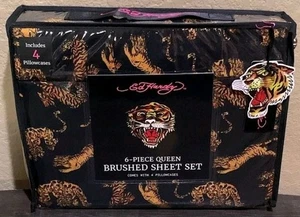 Ed Hardy Set Lenzuola REGINA Nero con Stampa Tigri 6pz con 4 Federe - Foto 1 di 3