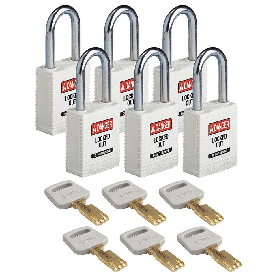 BRADY NYL-WHT-38ST-KA6PK Lockout Padlock,Nylon,Wht,6 Keys,PK6 55JX76 - Image 1 of 1