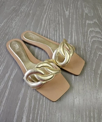 Sandalias Zara Mujer 8 Marrón Cuero Cadena Correa Plana Acolchada Puntera Cuadrada Deslizable  Foto 1 de 4