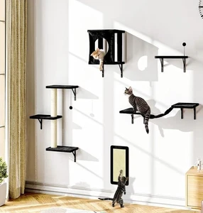 Wall Mounted Cat Furniture Cat Wall Shelves Set of 5 with Cat Tree, Black - Picture 1 of 6