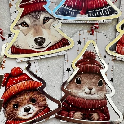 6 Biglietti auguri chiudi pacco realizzati a mano Natale Christmas set rosso - Immagine 1 di 4