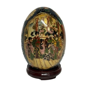 Vintage Chinese Satsuma Egg Geisha Girl Moriage Cloisonne Wooden Stand 5" - Picture 1 of 8