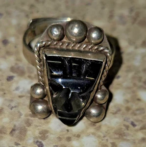 Vintage Sterlingsilber Onyx Ring Azteken oder Maya Krieger verstellbar Ring gemarkt - Bild 1 von 11