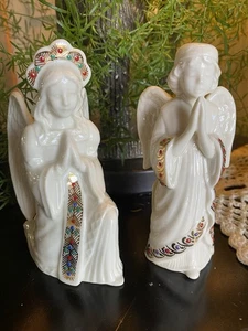 Set 2 Lenox China Juwelen Krippe anbetender Engel betend kniend Weihnachten EXC - Bild 1 von 18
