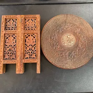 Vintage Artisan Carved Octagonal Folding Teak Side Table Inlay Anglo Indian - Picture 1 of 16