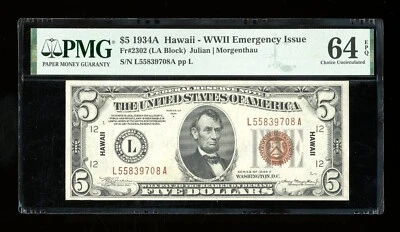 DBR 1934-A $5 FRN Hawaii Fr. 2302 PMG 64 EPQ Serial L55839708A - Image 1 of 2