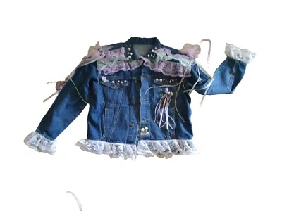 80's Style Bedazzled Jean jacket Pearls Lace Bride Cosplay Valley Girl Halloween - Image 1 of 4