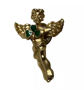 Signed Avon Lucky Angel Pin with Shamrock / Four Leaf Clover, Gold & Green ☘️ - Picture 1 of 4