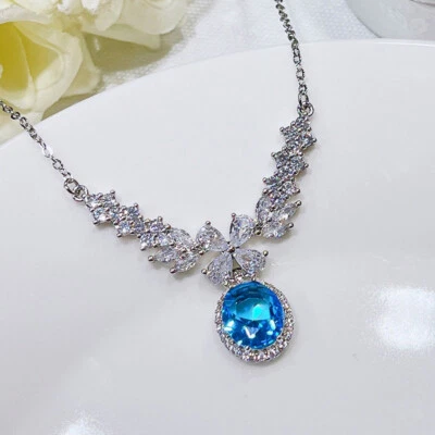New Women Girl Summer Jewelry Blue White Topaz Gemstone Silver Necklace Pendant - Image 1 of 4