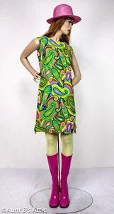 Vestido Vintage Años 60 Multicolor Neón Psicodélico Estampado de Cachemira Estilo Cambio Sm - Imagen 1 de 9