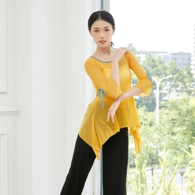 Women Dance Training Tops Wrap Mesh Shirt Square Neck 3/4 Sleeve Classical - Image 1 of 4