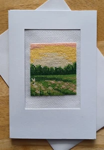 Spring sunset landscape. Finished X-stitch. White card, blank insert & envelope. - Picture 1 of 1