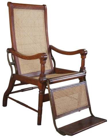 Antique British Colonial 1830s Caned Oak Reclining Mechanical Dental Arm Chair Cover