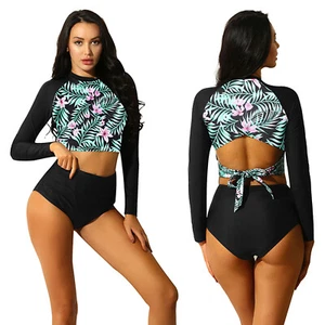 Women Long Sleeve Scoop Neck Swimsuit Floral Printed Tie String Top Tankini Sets - Picture 1 of 14