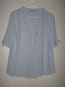 ROCKMANS BLUE+WHITE STRIPED V-NECK TOP WITH SHORT COLD SHOULDER SLEEVES SIZE 14 - Picture 1 of 4