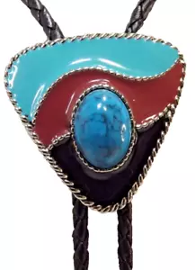 VTG Bolo Tie Turqoise Stone Set on Enamel Coated Triangle w Black Braided Rope - Picture 1 of 9