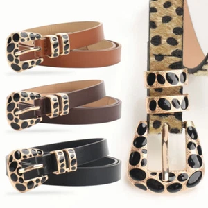 Women Skinny Leopard Printed Buckle Faux Leather Belt Dress Jeans Waistband - Picture 1 of 7