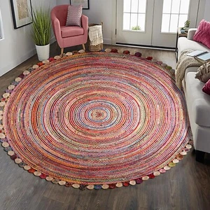 6 x 6 Ft Round Rug Braided Jute cotton Modern Round Carpet Farmhouse Rustic Look - Picture 1 of 15