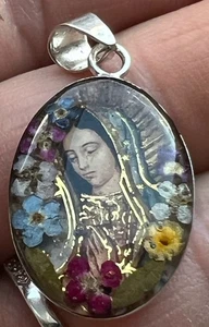 Vintage Unsere Liebe Frau von Guadalupe Oval Sterling Anhänger Halskette Mexiko - Bild 1 von 10