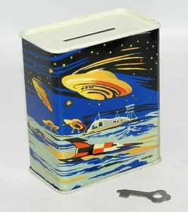 Vintage Space Toy Bank German US Zone & Key.  Blech Litho ideal für Weltraumsammler - Bild 1 von 4