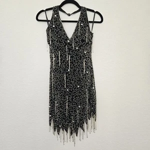 Vintage Sequin Mini Dress S Black and Silver Halter Swing Dress swifty - Picture 1 of 9