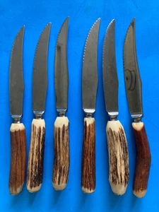 JUEGO DE 6 CUCHILLOS PARA CARNE DE ACERO INOXIDABLE BRIDALANE SHEFFIELD INGLATERRA MANGO DE CIERVO REAL DE COLECCIÓN - Imagen 1 de 13