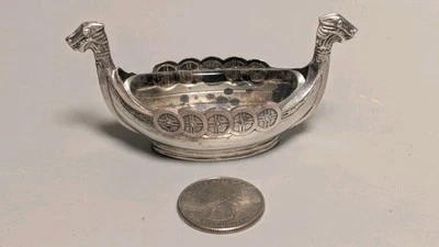 Vintage Swedish Sterling Silver Glass Liner Viking Ship Salt Dish Cellar  — 第 1/4 张图片